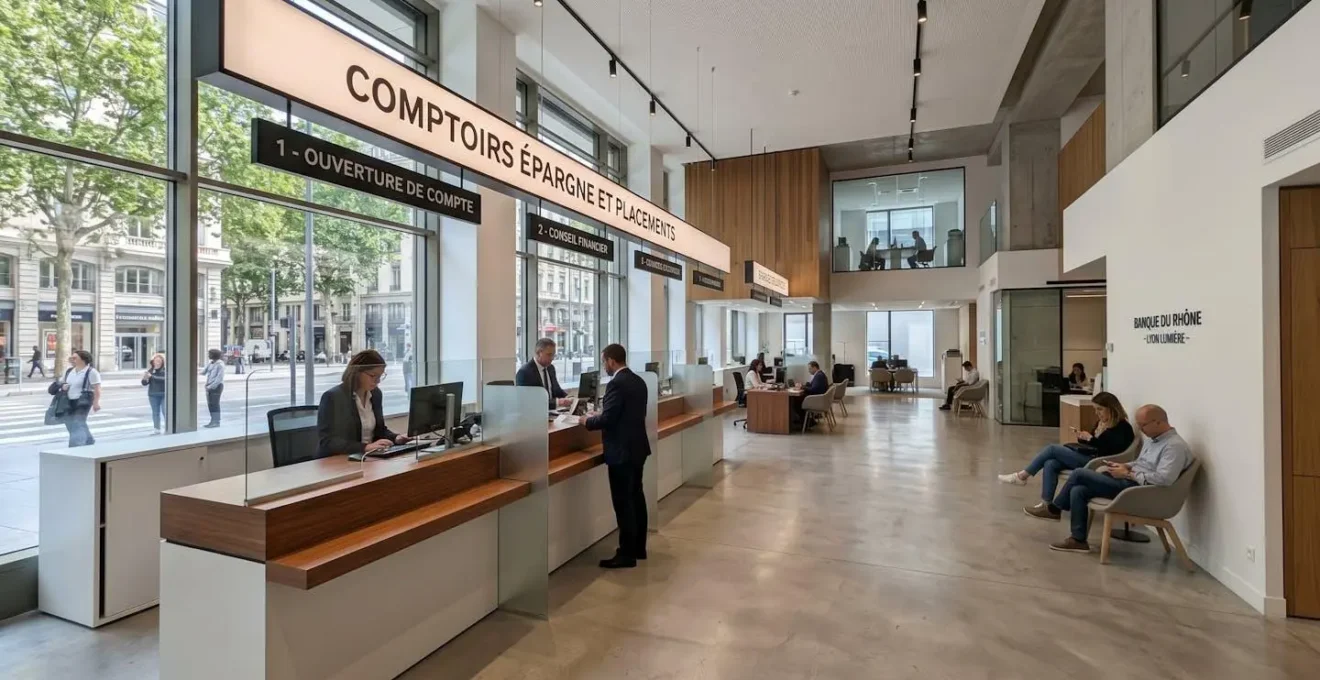 Intérieur contemporain d'une agence bancaire française avec guichet d'épargne et larges baies vitrées laissant entrer la lumière naturelle