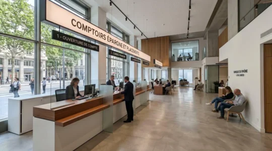 Intérieur contemporain d'une agence bancaire française avec guichet d'épargne et larges baies vitrées laissant entrer la lumière naturelle