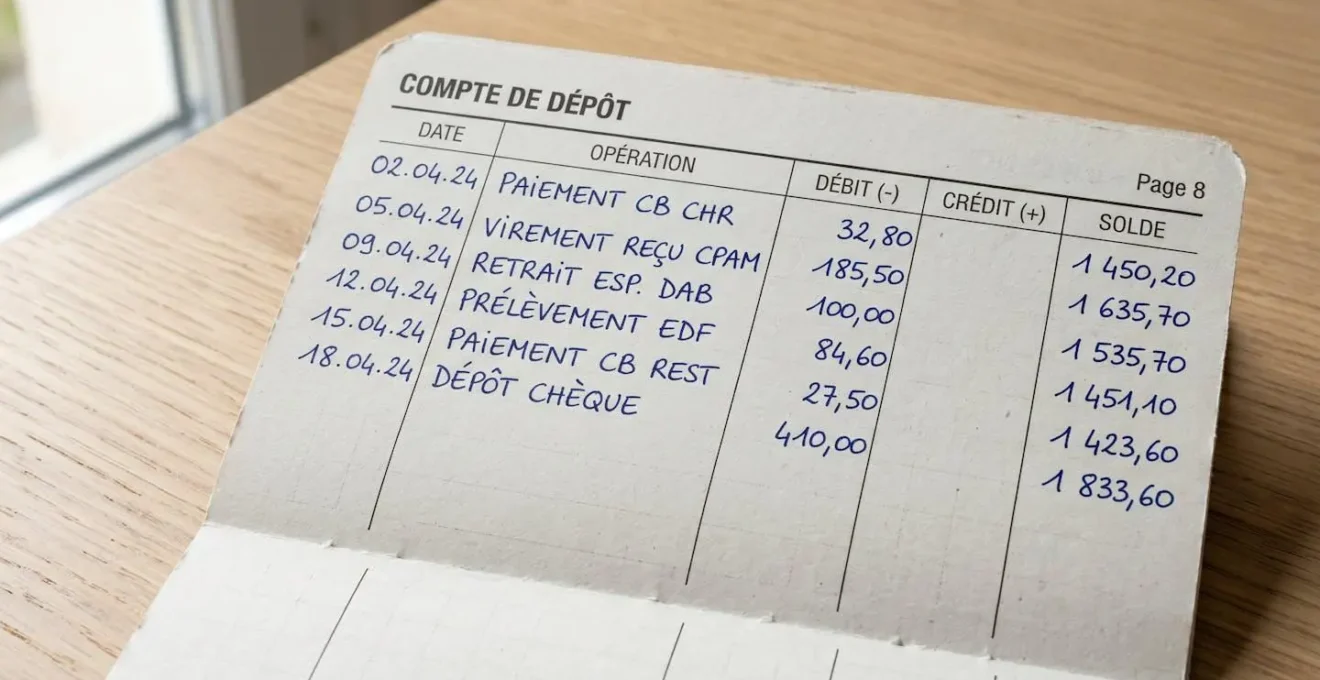 Gros plan macro sur un livret bancaire ouvert montrant des lignes de transactions manuscrites avec stylo posé sur la page