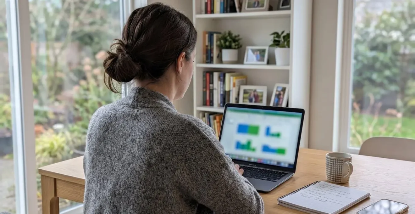 Personne vue de dos assise à un bureau contemporain consultant un ordinateur portable affichant des graphiques financiers floutés