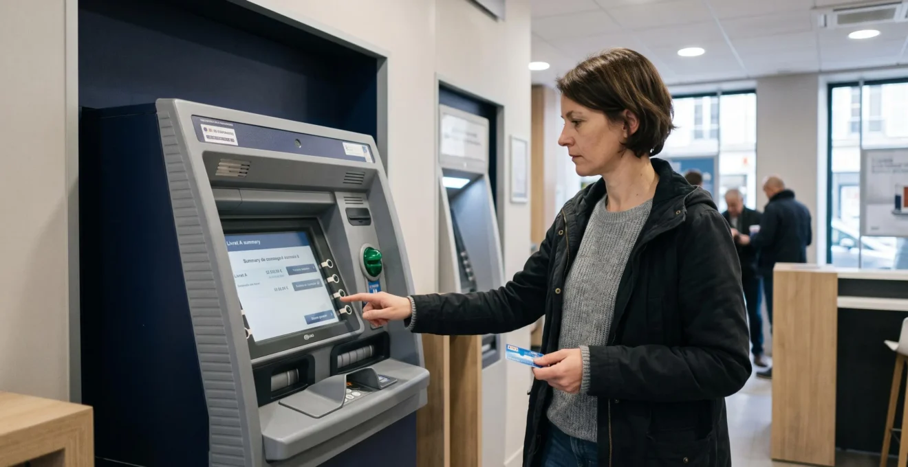 Personne consultant son livret d'épargne à un distributeur automatique bancaire