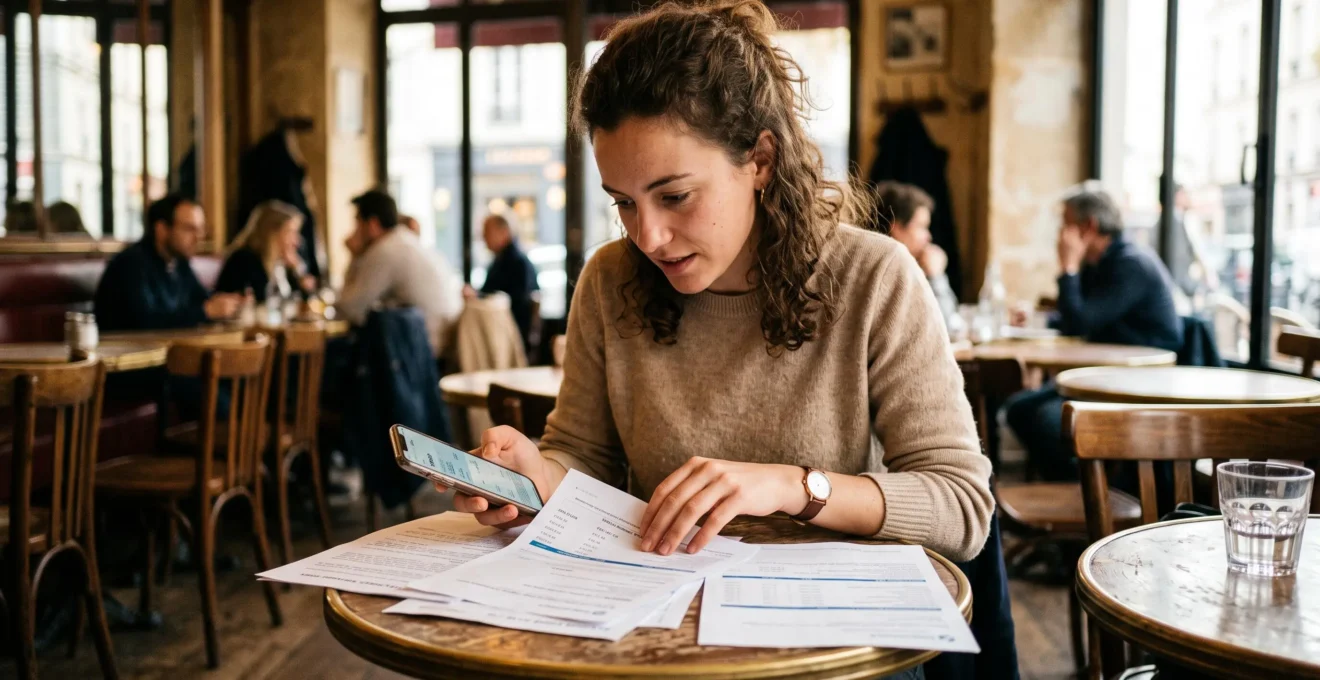 Personne consultant des relevés de compte-titres et PEA dans un café
